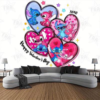TEMU Stitch Valentine's Day Wall Decal - Vibrant Cartoon Hearts Design, Indoor & Outdoor Decor, Ideal For Birthday Parties & , Stitch Room Decor Image