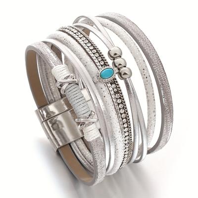TEMU 1pc Vintage Artificial Leather Bracelets For Women Men, Blue Stones Rhinestone Chain Wrap Charm Bracelet Party Jewelry Image