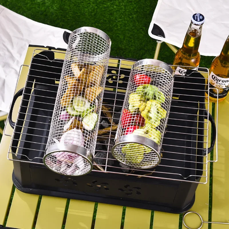 Grill käfig rollt neuen Typ Edelstahl runder rollender Grill korb im Freien tragbarer Grill korb Grill rost Edelstahl