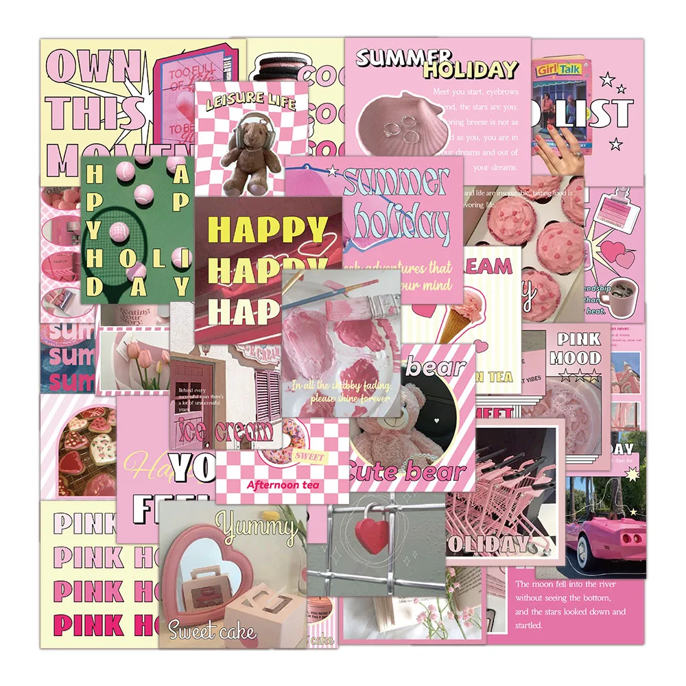 30PCS Kreative Rosa Urlaub Aufkleber Pack Telefon Fall Aufkleber Gepäck Text Material Englisch Wasserdichte Dekorative Aufkleber Image