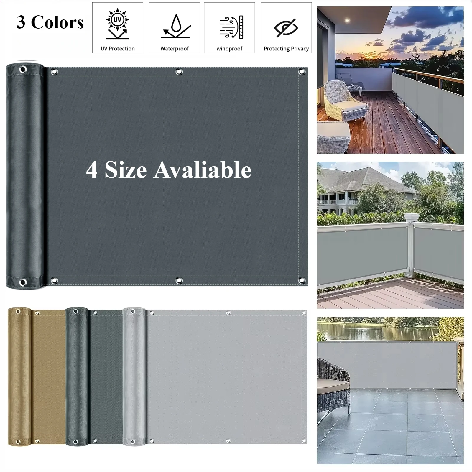 Sichtschutz für Balkon, Zaun, Windschutzscheibe, Sonnenschutz, Tuch mit Ösen, UV-Schutz für Terrasse, Hinterhof, Veranda, Geländer Image