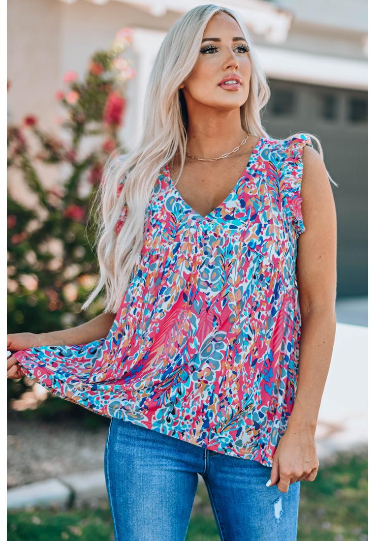 Azura Exchange Gemustertes Tanktop mit Volant und V-Ausschnitt für Damen in Rosa Image