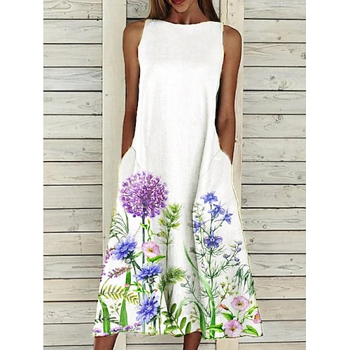 Abito Midi da Donna Abito A Line Abito T Shirt Abito Tee Abito Scollato Abito Sportivo Casual Vacanza Quotidiana Vestibilità Regolare Floreale Senza Maniche Spalle Scoperte Giallo Rosso Blu Viola