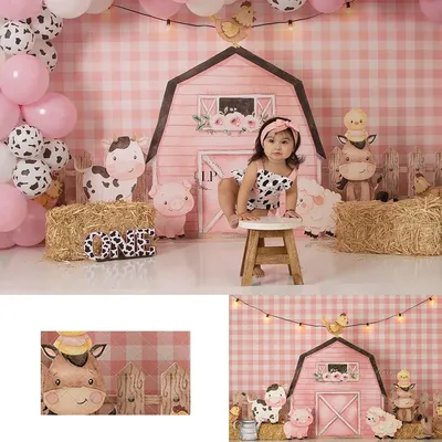 Farm Backdrop Pink Barn Animasl Kids Baby 1st Birthday Photocall Decors Child Girls Cake Smash Photography Studio Backgrounds