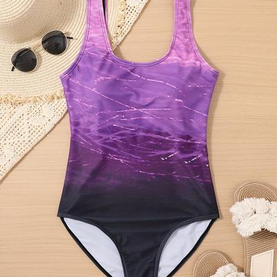 TEMU Ombre One-piece Swimsuit, Round Neck Sleeveless Backless Bathing Suits, Women's Swimwear & Clothing Image