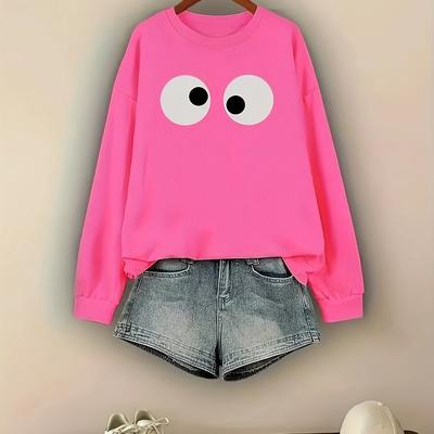 TEMU Women's Casual Crew Neck Sweatshirt - Polyester With Cartoon Eye Print, Cozy Fall & Winter Pullover, Hand Washable, Everyday Pullover, Nontransparent Fabric Image