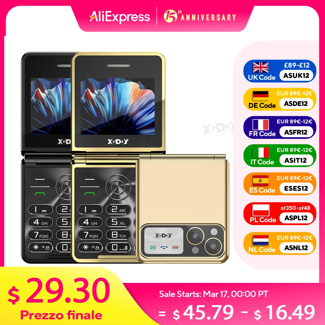 XGODY S200, 2,4-Zoll-Mini-Smartphone, 2 GB RAM, 16 GB ROM, Gesichts-ID, Standby 2G GSM Dual-SIM, kleines faltbares Klapptelefon, Geschwindigkeitszifferblatt, FM-Radio Image