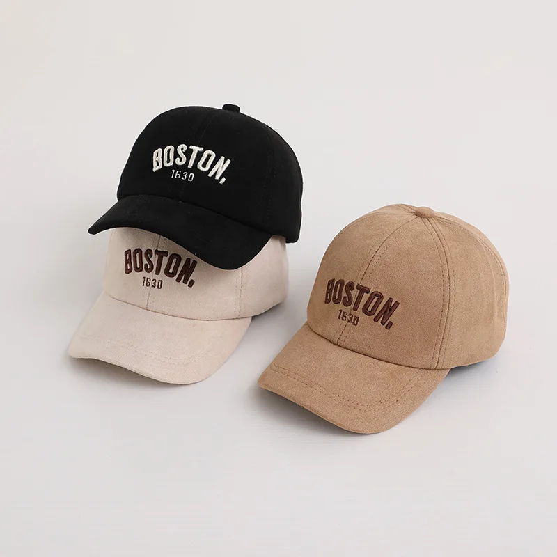 Winter Wildleder Baseball mütze für Baby Mädchen einfarbig Brief Ente Zunge Kappe koreanischen Hip Hop verstellbare Kinder Peaked Hüte Image