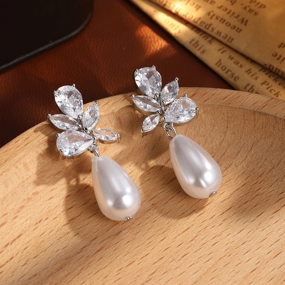 ZAKOL Klassische AAA Zirkon Perle Baumeln Ohrringe für Frauen Glänzende Kristall Braut, Verlobung, Hochzeit Schmuck Ohr Zubehör Image