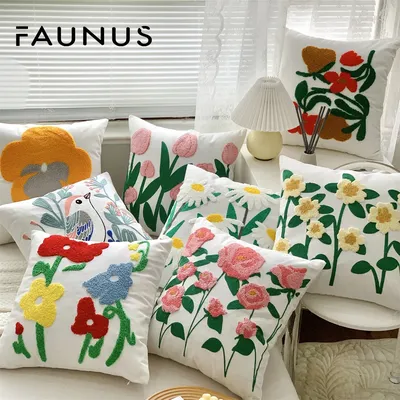 2024 Ono Chrysantheme Tulpe Einfacher Kissenbezug Rose bestickter Kissenbezug Baumwolle Hanf Kissen Image