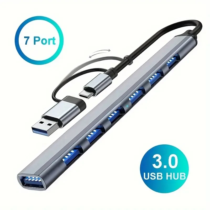 7-Port-USB-3.0-Hub mit Typ-C-Splitter, Mini-Rotationsadapter für Laptop und PC (kein Strom erforderlich), 2-in-1-Verlängerungskabel-Hub Image