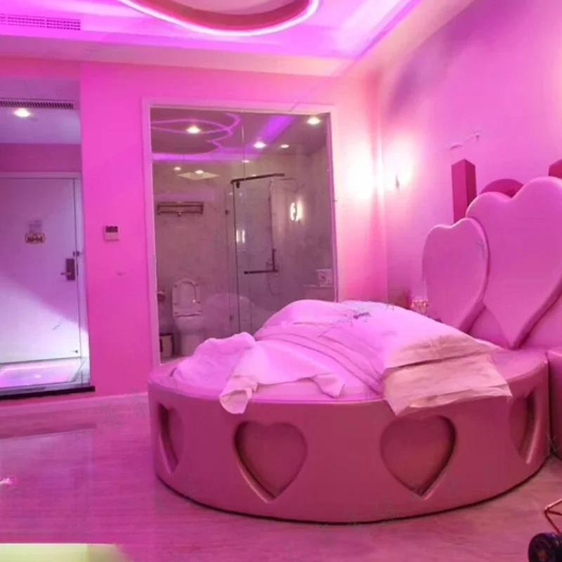 Rosa bequemes Bett, moderne modische Ästhetik, King-Size-Bett, Doppelbett, europäisches King-Size-Bett, rund, Cama De Casal, Schlafzimmermöbel Image