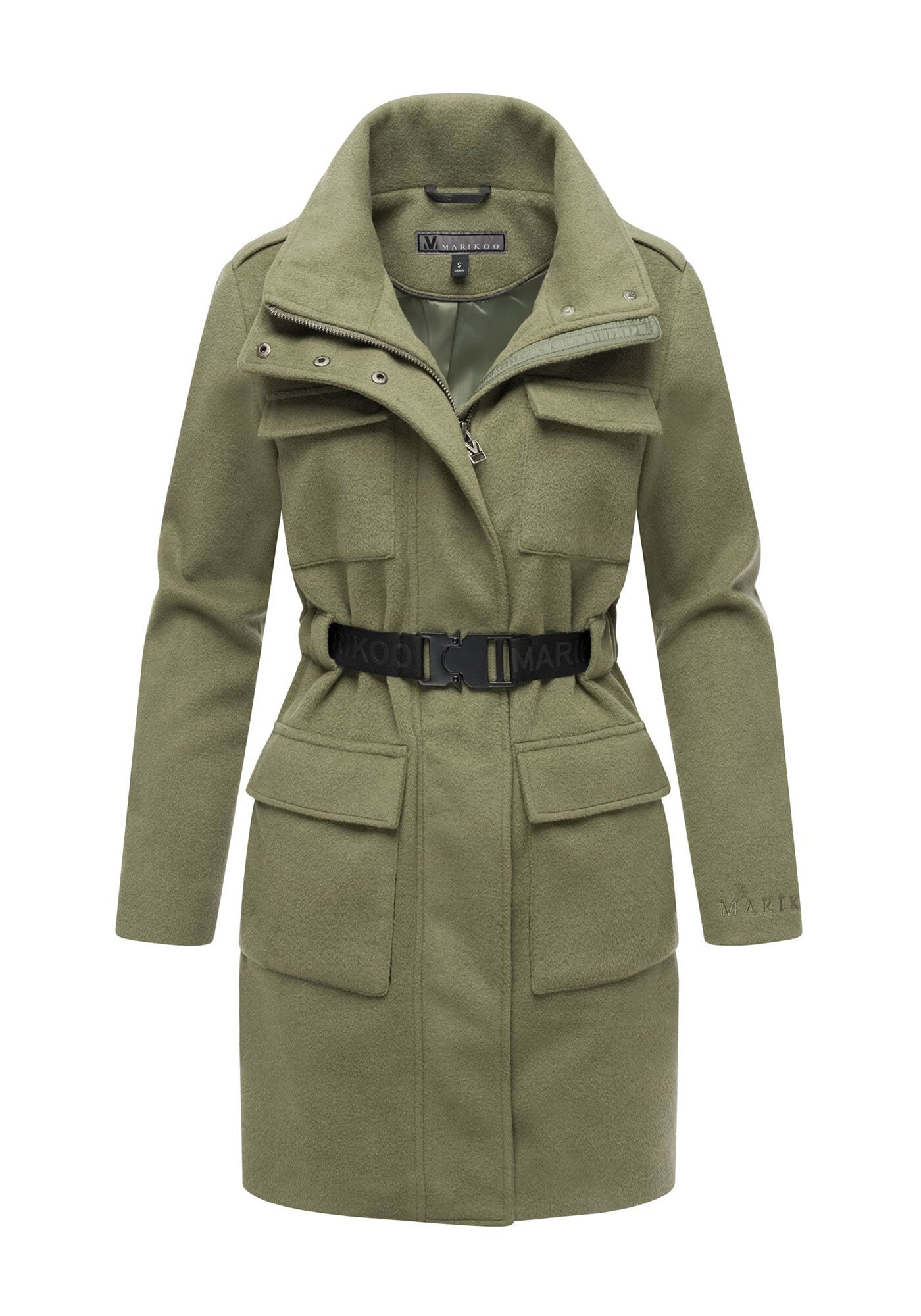 Kurzmantel MARIKOO "Tanokoo", Damen, Gr. M, grün (olive leaf), 90% Polyester, 10% Viskose, Mäntel Kurzmantel, Eleganter Übergangsmantel mit großen Taschen und Stretch-Gürtel