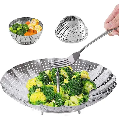 LMETJMA Expandable Stainless Steel Steamer Basket Vegetable Collapsible Steam Cooking Insert for