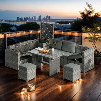 Outdoor 6-Piece Sofa Set with Storage Box and Glass Top Table, Grey