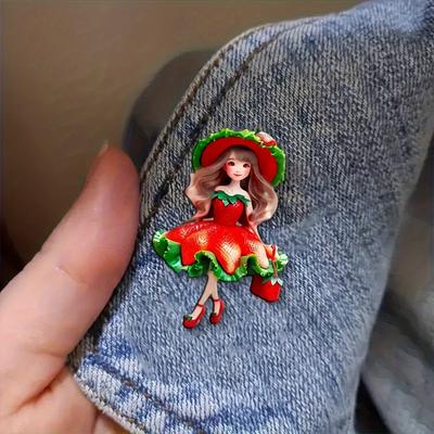 TEMU 1pc Vintage-style Acrylic Brooch - Strawberry Suit Design, Fashionable Accessory For Sweaters, Scarves, And Coats, Denim Decoration|vintage Brooch| Embroidery