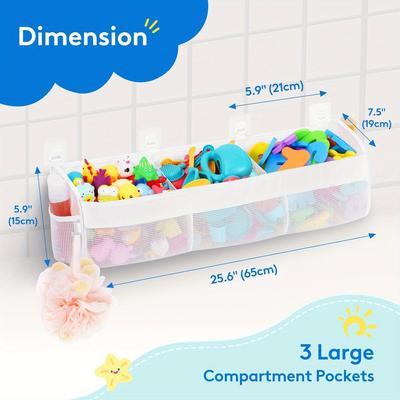 TEMU Horizontal Wide Bathtub Toy Organizer, Wall-mounted Shower Toy Holder With 4 Adhesive Hooks, 3 Compartment Bath Toy Storage, Large Capacity Shower Bathtub Caddy For Toddler