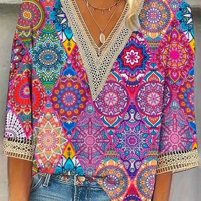 TEMU Plus Size Print V Neck Blouse, Casual Half Sleeve Blouse For , Women's Plus Size Clothing Image