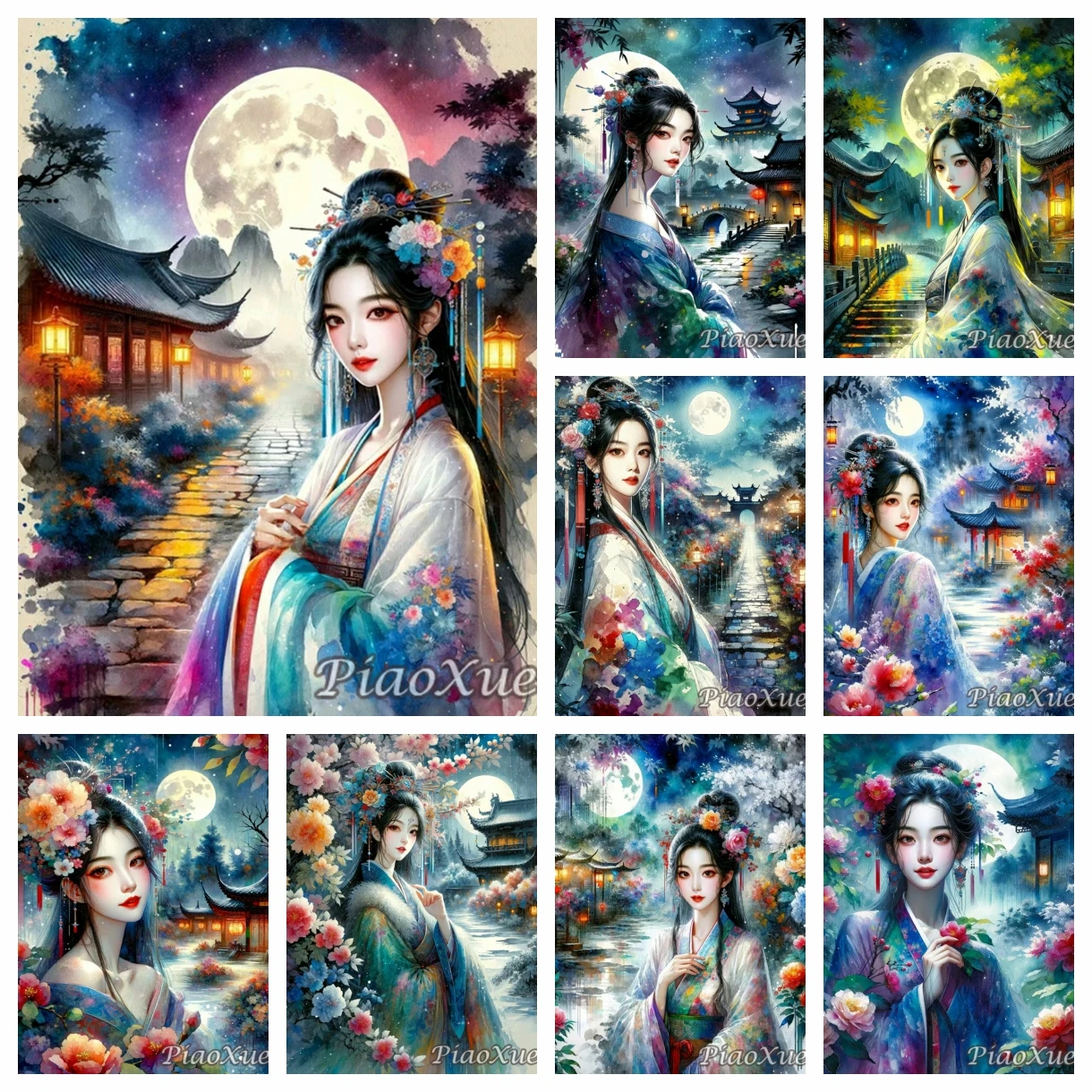 5d Diy Mädchen Mond Diamant Malerei Mädchen Kleid Stickerei Chinesischen Stil Frau Klassische Landschaft Mosaik Strass Wohnkultur Image