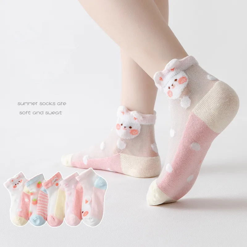 5 paare/los Sommer weiche Baumwolle Mädchen Socken atmungsaktive Kinder kurze Söckchen Kinder Spitze Prinzessin Mesh Cartoon Socken Image