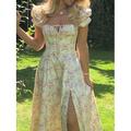 Damen Midikleid Corsagenkleider A Linie Kleid Milchmädchen-Kleid Kleid mit Puffärmeln Urlaub Urlaub Täglich Regular Fit Blumen Kurzarm Quadratischer Ausschnitt Weiß Gelb Rosa Blau Sommer