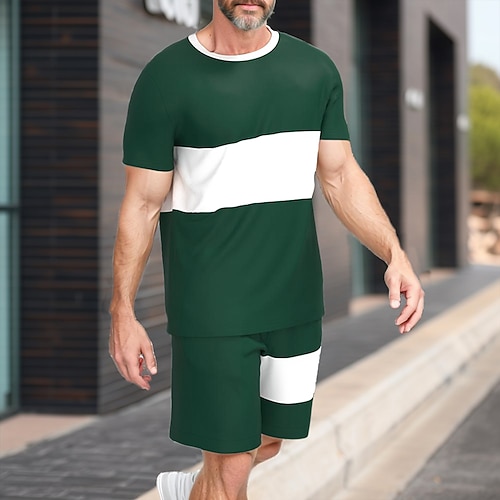 Herren Horizontale Streifen 2St T-Shirts-Sets Sommeroberteile Kurzarm Kurze Hosen Rundhalsausschnitt Sport Lässig Outdoor Urlaub Sport 3D-Druck Sommer Grün Image