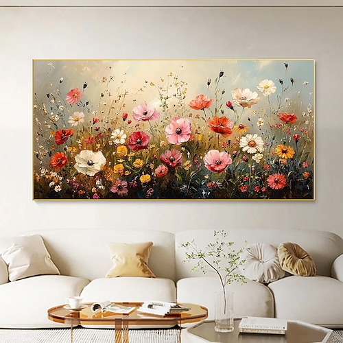 handgemachtes Original buntes Blumengemälde Ölgemälde auf Leinwand abstrakte florale Wandkunst für Wohndekoration mit gespanntem Rahmen ohne Innenrahmen Image