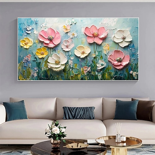großes Blumenlandschafts-Ölgemälde auf Leinwand, handgemalt, pastellfarbenes Blumengemälde, Frühlingsblumen-Landschaftsgemälde, großes Wandkunst-Blumengemälde für Wohnzimmer, Büro-Wanddekoration Image