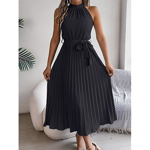 Midi-Kleid für Frauen Wickelkleid A-Linien-Kleid Faltenkleid Halterkleid Urlaub Urlaub Casual Alltag Reguläre Passform Grafisch Ärmellos Halterkragen Schwarz Rosa Wein Grün Sommer Image
