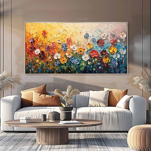 handgemachtes Original buntes Blumengemälde Ölgemälde auf Leinwand abstrakte florale Wandkunst für Wohndekoration mit gespanntem Rahmen/ohne Innenrahmen Gemälde Image