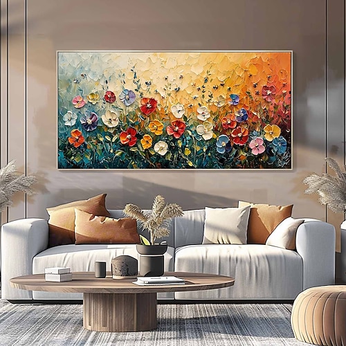 handgemachtes Original buntes Blumengemälde Ölgemälde auf Leinwand abstrakte florale Wandkunst für Wohndekoration mit gespanntem Rahmen/ohne Innenrahmen Gemälde Image
