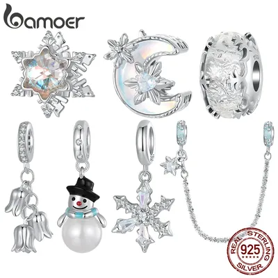 Bamoer Original 925 Sterling Silver Snow Moon Charm Ice Crystal Pendant Pearl Snowman Winter for