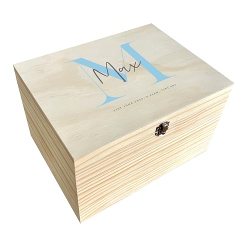 Personalised Baby Keepsake Box with Initial | Treasured Memories Gift Box for Newborns | Personalised Name and Date | Colour Options | Pine Box with Metal Hinges & Clasp | W36cm x D26.9cm x H20cm