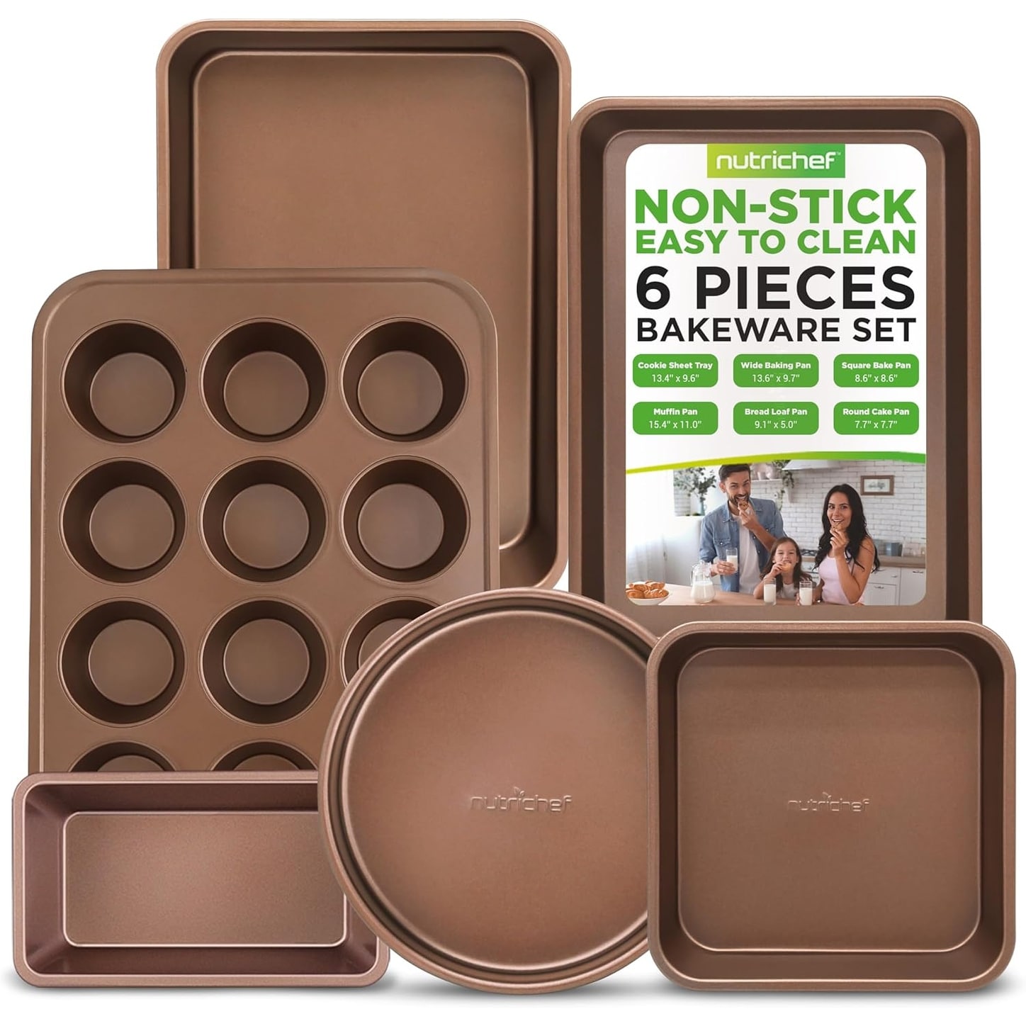 6-Piece Nonstick Bakeware Set, Carbon Steel Pans, Cookie Trays, Wide/Square Pan, Bread Loaf, Round Cake Pan, Muffin Pan - Gold