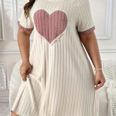 TEMU Women's Plus Size Loose-fitting Short Sleeve Nightgown With - Soft Polyester, Sleepwear, Round Neck, , Casual Wear|heart Print Top|polyester Fabric