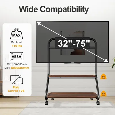 Mobiler TV-Ständer, robust, 32–65 Zoll, TV-Wagen, tragbarer TV-Bodenständer mit Holzregalen, höhenverstellbarer TV-Ständer, rollbar