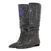 Silber flache Boden Mode Plissee Stiefel große Größe 36-47 Stein korn kniehohe Stiefel spitzen Denim Low Heels sexy Damenschuhe