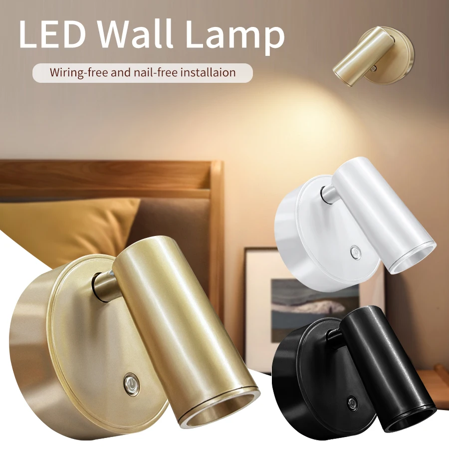 USB wiederaufladbare LED-Wandleuchte, ohne Kabel, kein Stanzen, magnetischer Scheinwerfer, Touch-Schalter, dimmbar, 3 Farben, 360° ° Drehbare Nachttischlampe