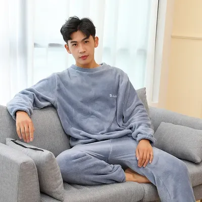 2 Teile/satz verdickte warme männer korallenvlies pyjamas herbst und winter hause tragen lange ärmel und lange hosen einfarbig weiche paja Image