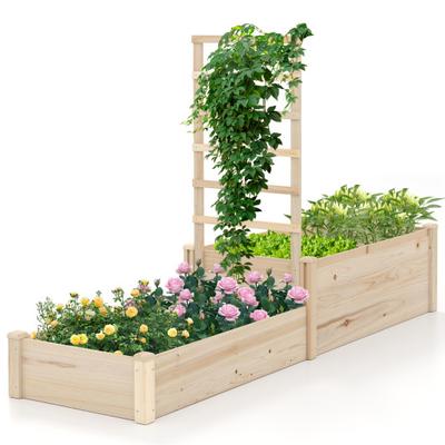 Costway Raised Garden Bed with Trellis 87 Inch Wooden Elevated Planter with 2 Planter Boxes-Natural
