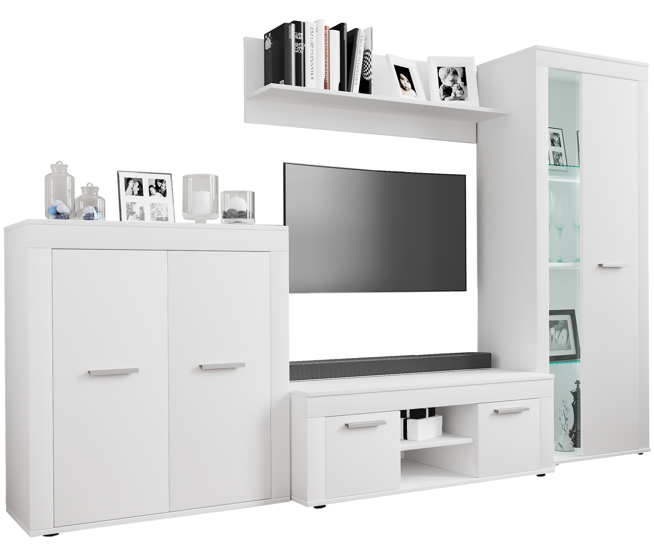 TV-Board VCM "VCM TV Möbel 4-tlg. Wohnwand mit ausreichend Stauraum Fernsehschrank Anbauwand ¿ Usilo L" Gr. 235, weiß, B:242cm H:159cm T:37cm, Sideboards, TV-Board