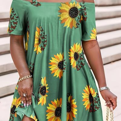 TEMU Women's Plus Size Sunflower And Print Dress With Chain Detail - Casual Off-shoulder Short Sleeve, Vibrant Orange And Yellow Pattern, A-line Silhouette For Spring And Summer, Plus Size Dress Image