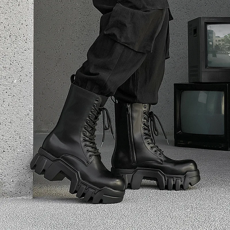 Herrenmode Punk Gothic Plateaustiefel Designer Original Lederschuhe Cowboy High Boots Damen Stylische lange Motorradstiefel Herren