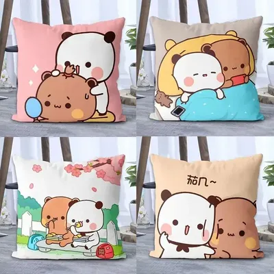 Panda Bubu und Dudu Doodle Print Paar Cartoon Serie Quadratischer Kissenbezug Weiche Taille Sofa Image