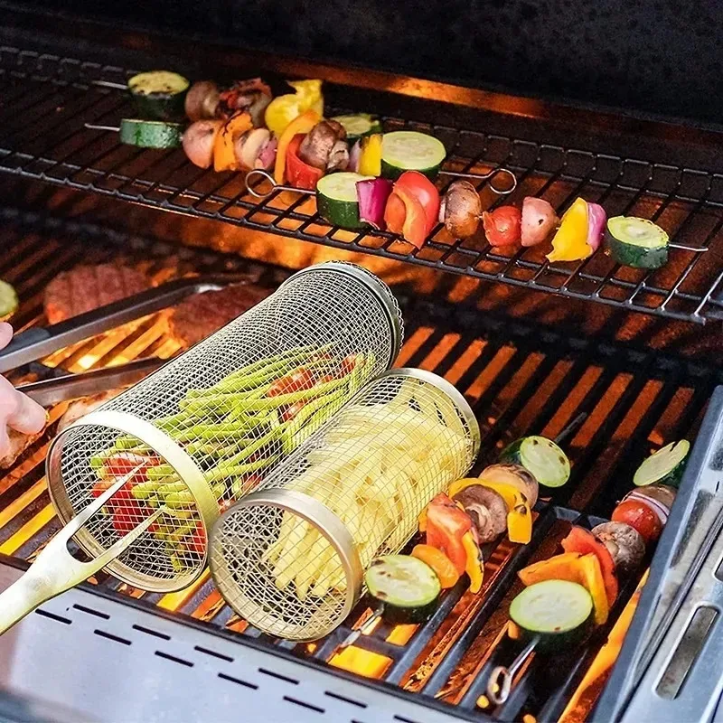 Edelstahl Grill Käfig Outdoor BBQ Zylinder Grill Geräucherte Mesh Trommel Grill Werkzeug Grill Kamado BBQ Zubehör Image