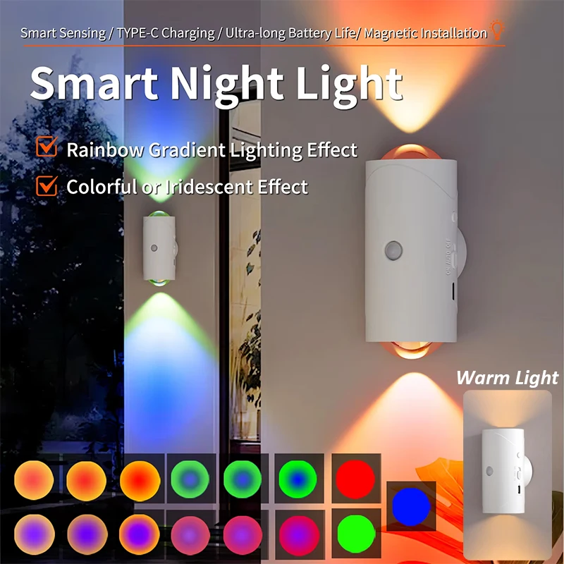 LED-Wandleuchte, Bewegungsmelder, Nachtlicht, RGB- und Warmlight, Auf- und Ablicht, wiederaufladbar, für Treppen, Veranda, Heimdekoration, Beleuchtung