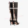 Gold Metall Nieten knielange Stiefel Frauen schwarz Leder spitzen Zehen High Heels Schuhe weiblich sexy Retro große Größe Stiletto Stiefel