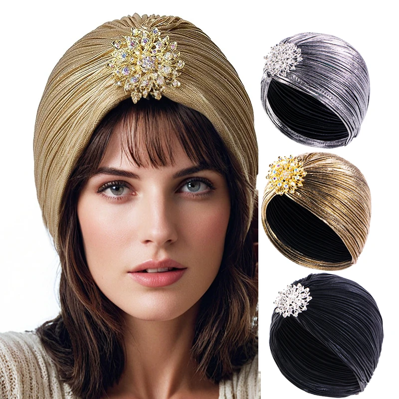Mode Plissee Damen Diamant Juwel Turban Hut Frauen Chemo Bandana Hijab Indische Kappe Ethnische Turbante Hut Damen Haar Zubehör Image