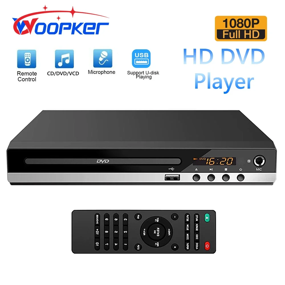 Lettore DVD Woopker B29 HD 1080p CD/EVD/VCD con uscite AV e HD Lettore multimediale digitale domestico con porte USB e microfono