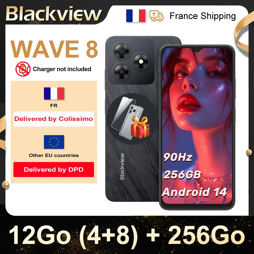 Smartphone Blackview WAVE 8 [Pas de chargeur UE] 12 Go (4 + 8) 256 Go, 5000 mAh, Caméra 13 MP, téléphone portable Android 14